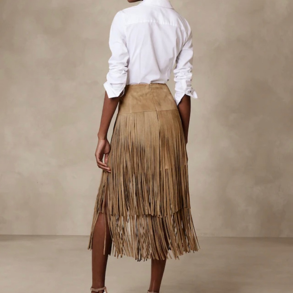 Banana Republic Women's Sevilla Suede Fringe Skirt Brown size 8 - Picture 4 of 11